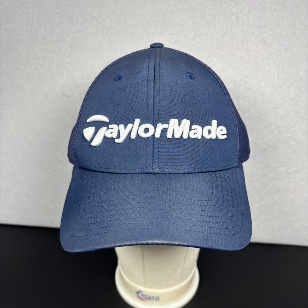 TaylorMade Golf Cap‎ Blue White Embroidered Logo Men's L/XL Flex Fit Hat Mesh